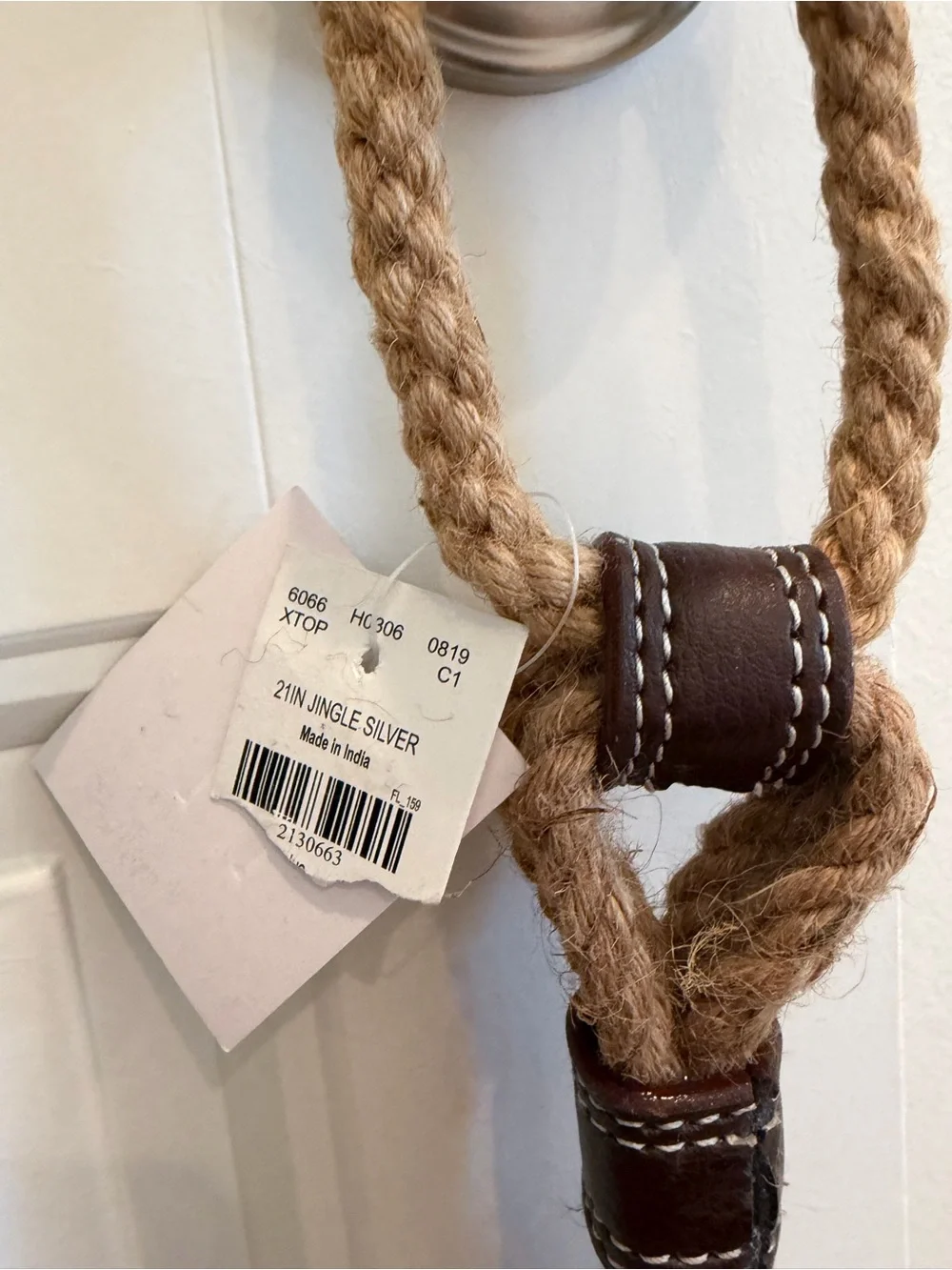 Jute Rope Door Hanger w/ 5 Jingle Bells, Silver Finish 21”